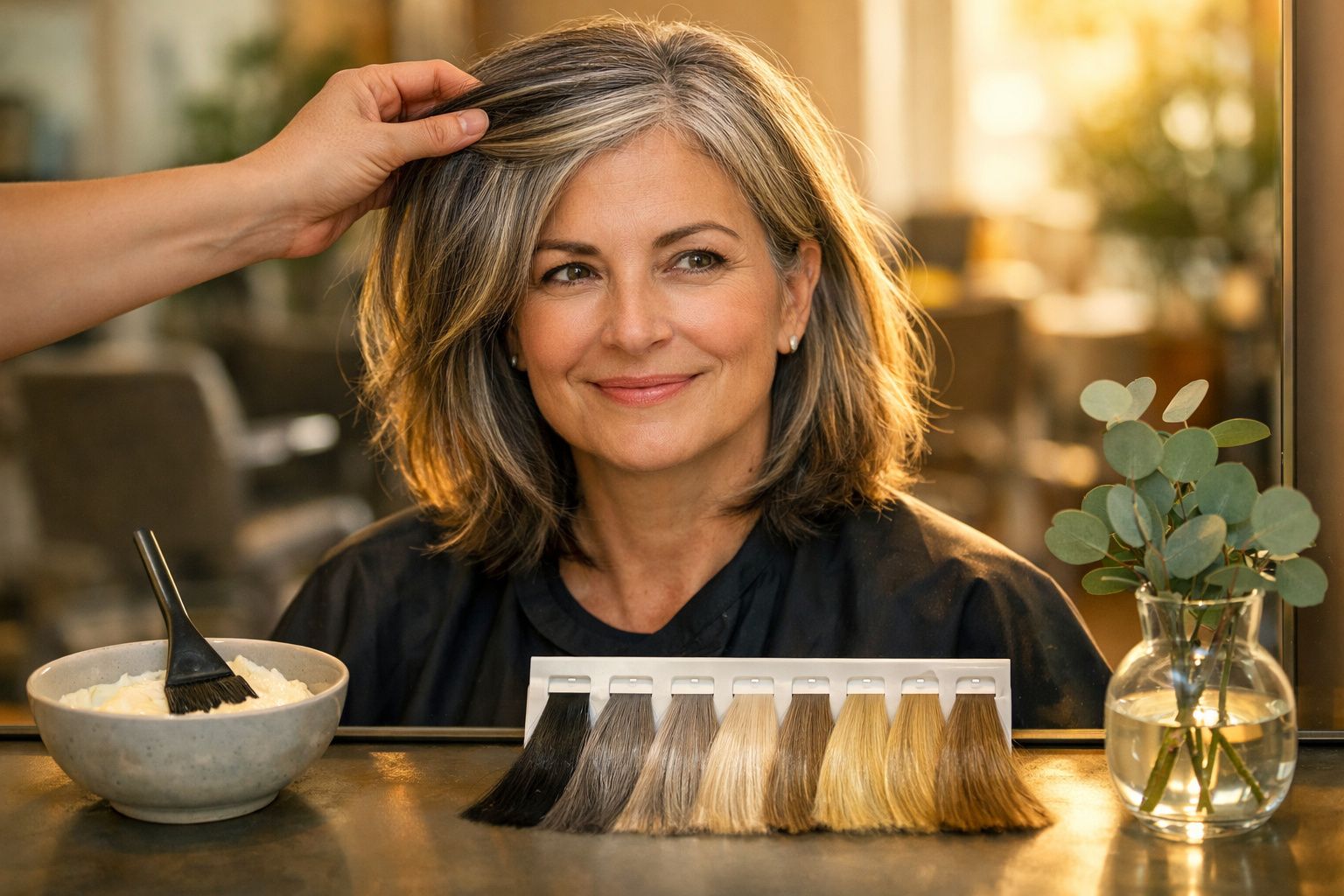 Mulher de cabelos grisalhos sorri sentada numa cadeira de cabeleireiro, com amostras de coloração e plantas ao lado.