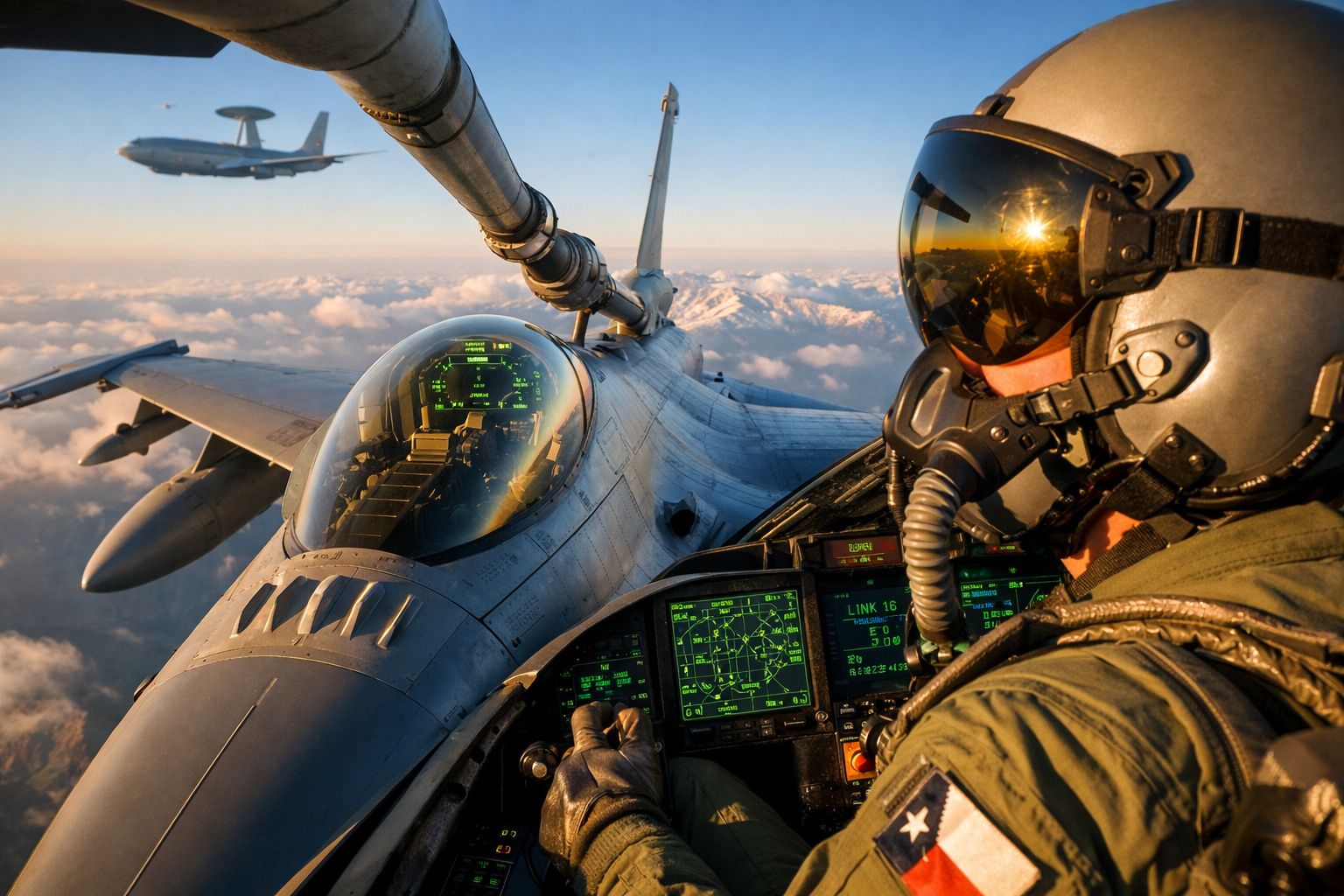 Piloto militar em cockpit de caça voando acima das nuvens com avião-tanque ao fundo ao pôr do sol.