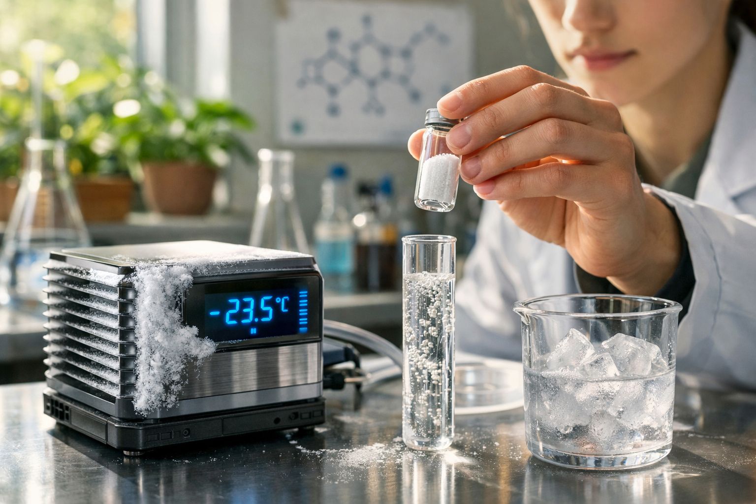 Laboratório com elementos de congelação, mãos a adicionar substância em tubo de ensaio com gelo e dispositivo a -23,5ºC.