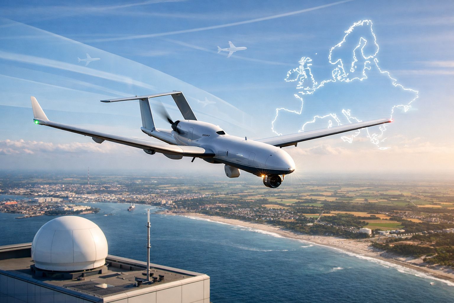 Drone militar cinzento a sobrevoar uma costa com radar e mapa digital da Europa no céu ao fundo.