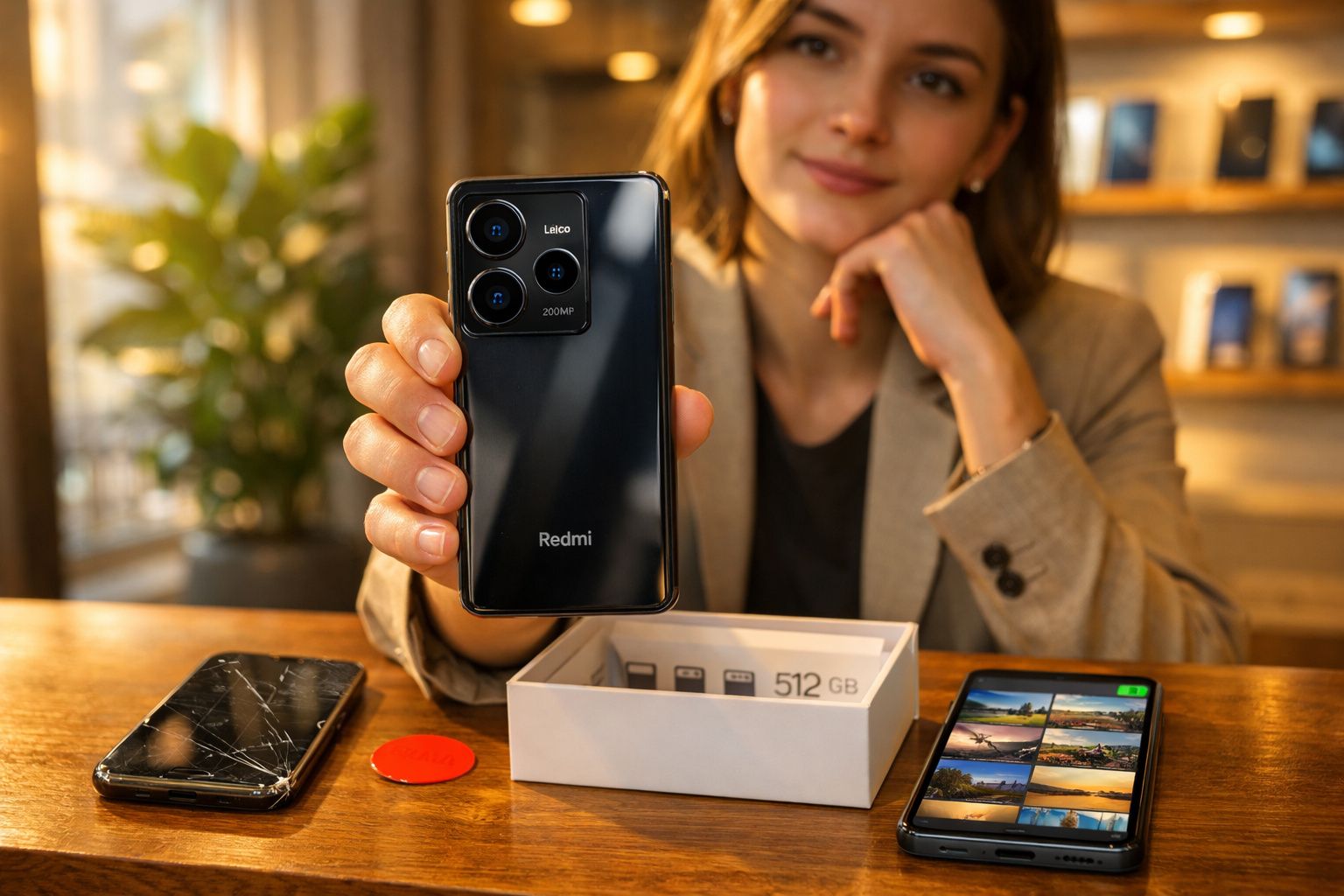 Mulher mostra smartphone Redmi novo com caixa aberta sobre mesa e outro ecrã com fotos visíveis, ao lado de telemóvel partido