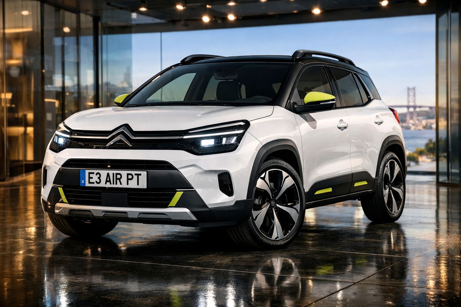 Carro Citroën branco com detalhes em amarelo estacionado no interior com janelas panorâmicas e vista da ponte.