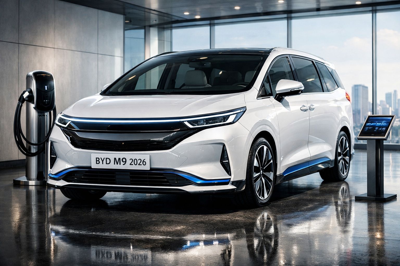 Carro eléctrico branco BYD M9 2026 estacionado numa sala moderna com estação de carregamento e ecrã digital.