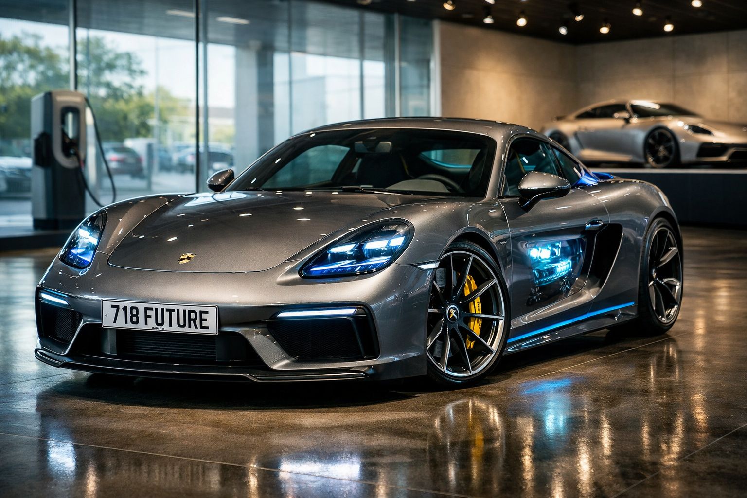 Carro desportivo cinzento com faróis LED ligados numa garagem moderna com outro carro ao fundo.