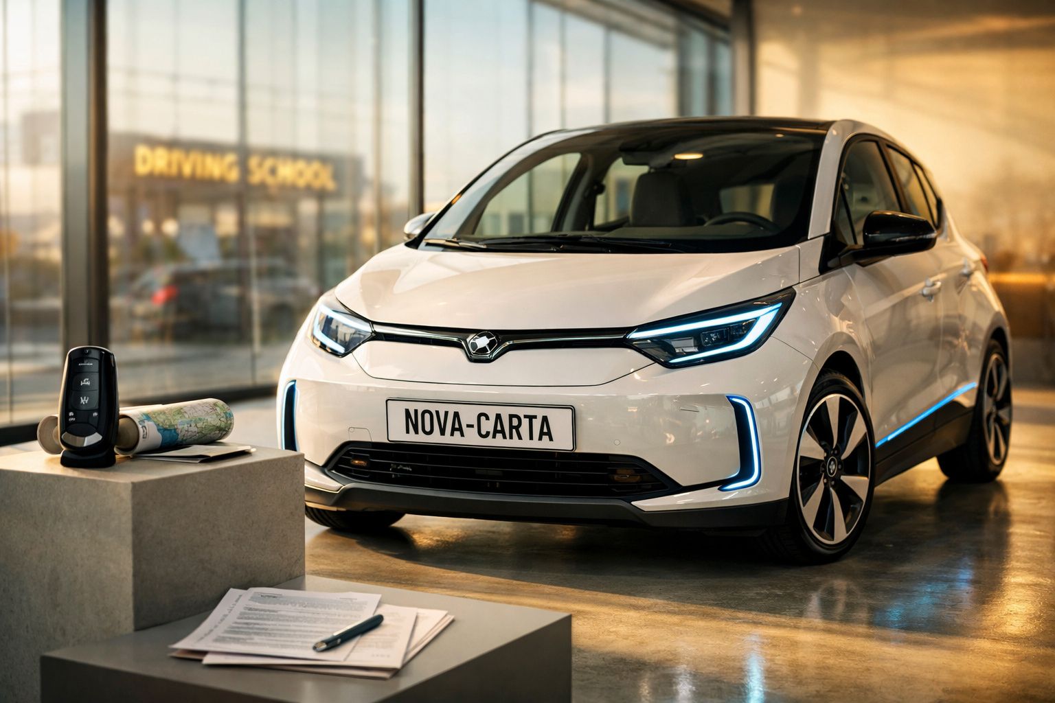 Carro elétrico branco estacionado dentro de uma escola de condução com luzes LED azuis ligadas.