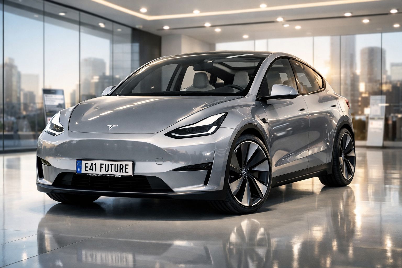 Carro elétrico Tesla prata estacionado numa sala de exposição moderna com janelas amplas.
