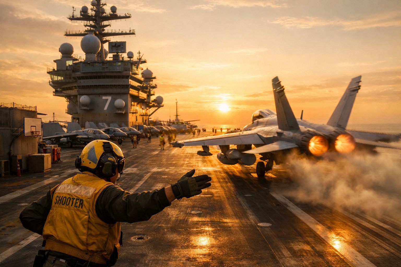 Funcionário de porta-aviões a apontar para jato militar a descolar ao pôr do sol no convés do navio.