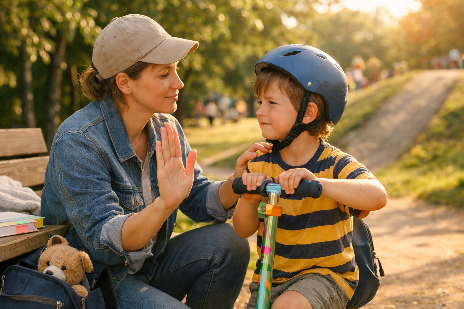 Mulher a incentivar menino de capacete num parque, ambos num momento de apoio e encorajamento.