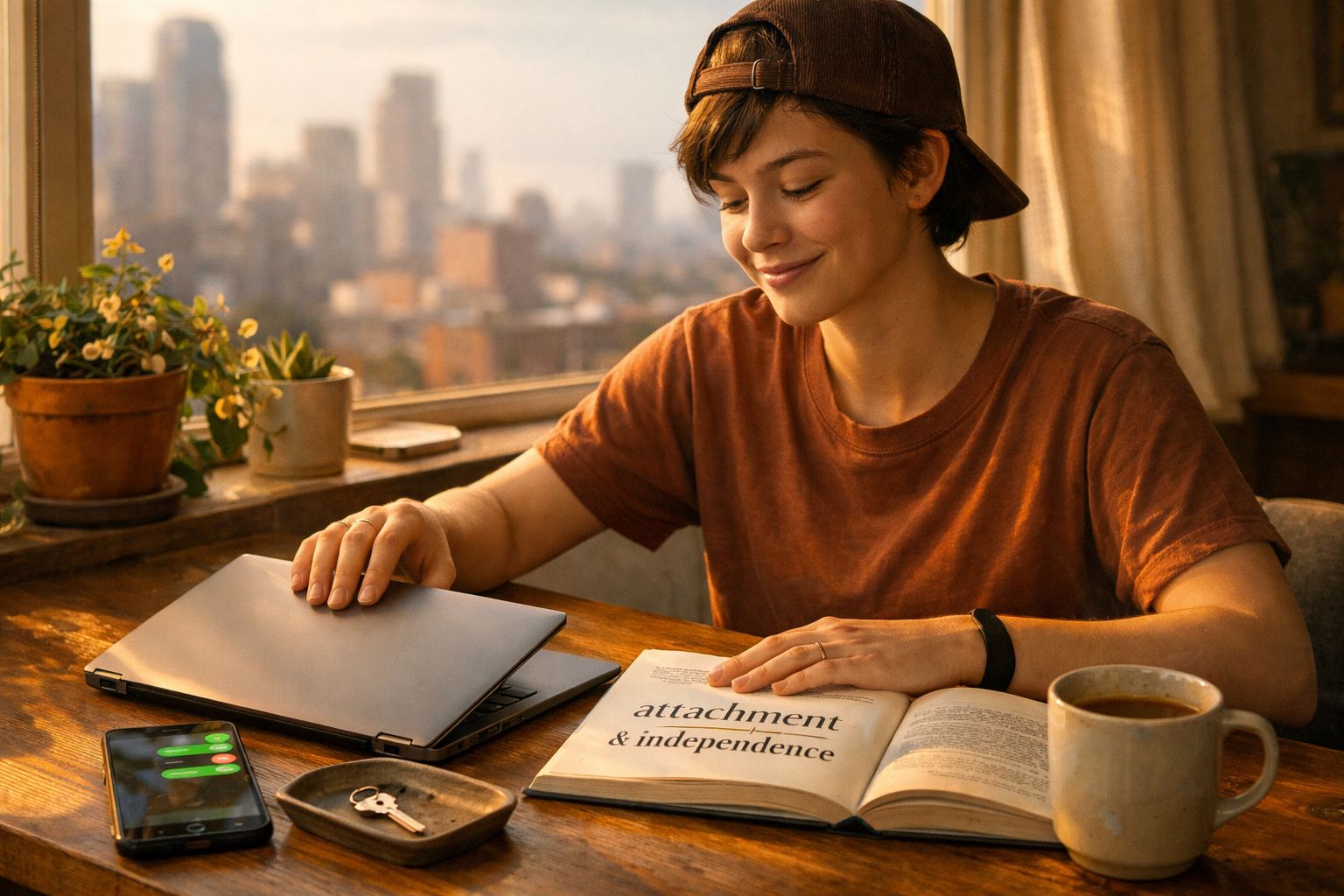 Pessoa sorridente sentada à mesa com livro aberto, computador portátil e chá, com vista para a cidade ao fundo.