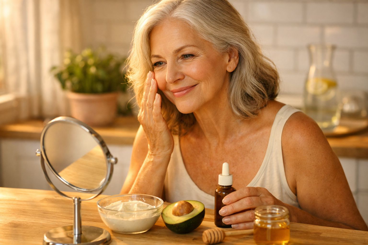 Mulher madura a aplicar sérum no rosto sentada à mesa com abacate e cremes num ambiente iluminado.