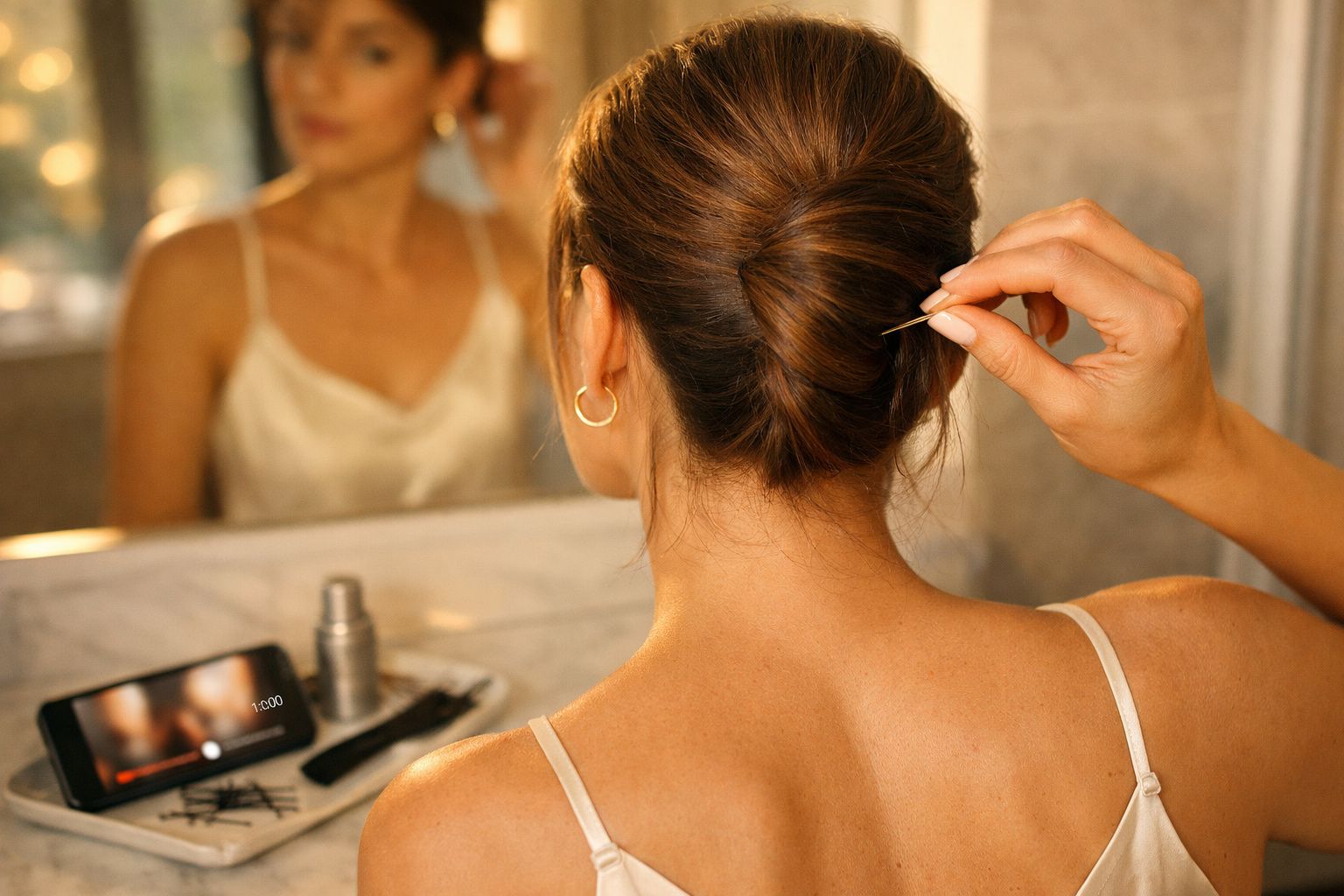 Mulher a arranjar o cabelo apanhado com um grampo, refletida num espelho, com celular a tocar vídeo.