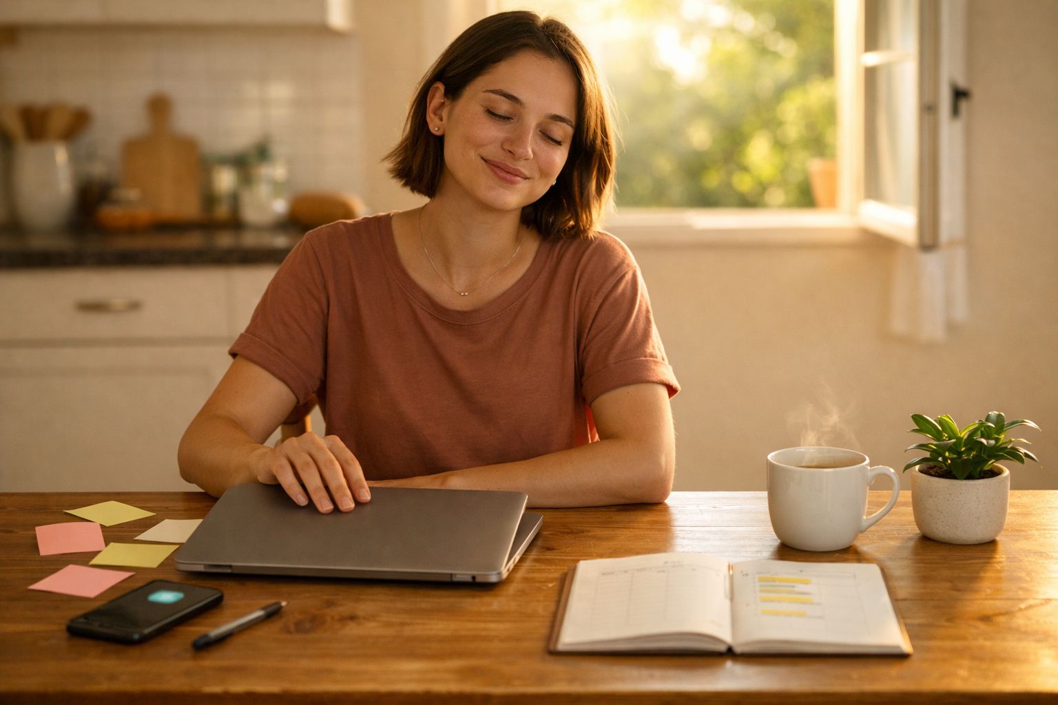 Mulher sorridente sentada a uma mesa de madeira com portátil, agenda, telemóvel, chá e planta pequena.