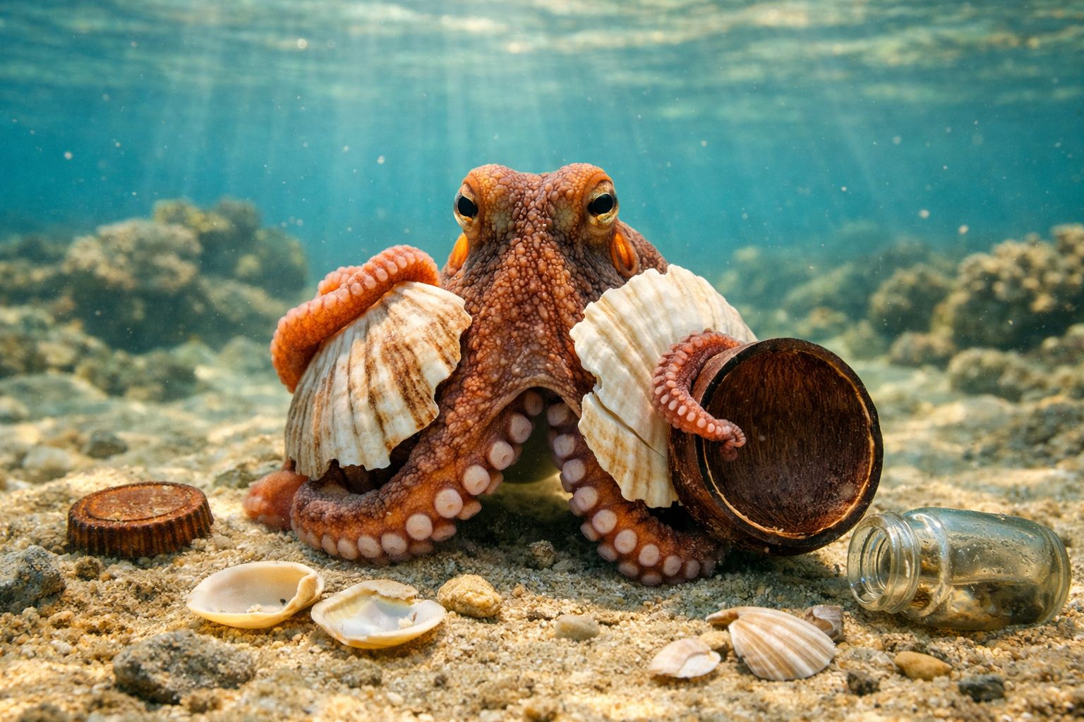Polvo subaquático segurando conchas e objetos em areia de fundo marinho com luz a penetrar na água.