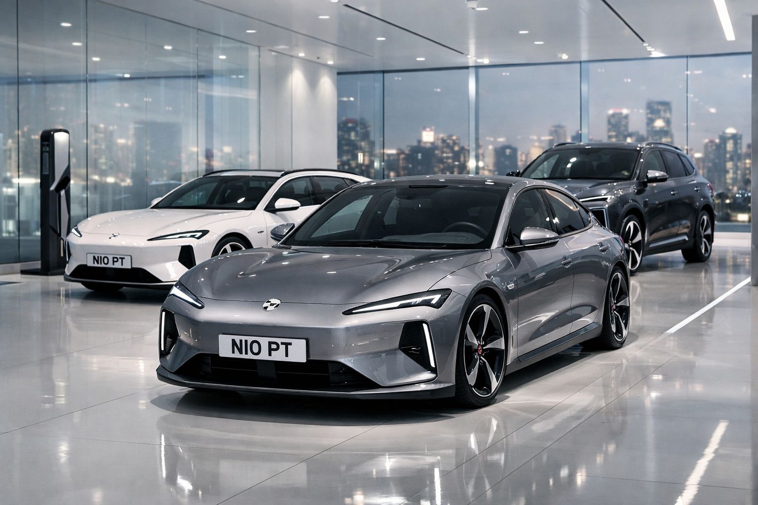 Três carros elétricos NIO, incluindo dois desportivos e um SUV, num showroom moderno com vista para a cidade à noite.