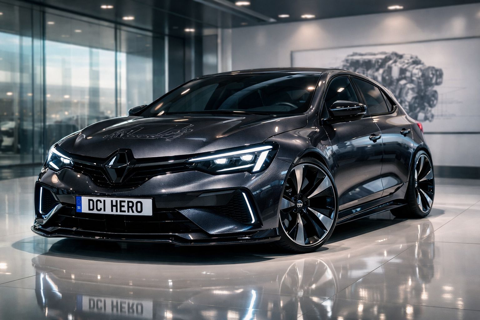 Carro Renault desportivo preto com faróis LED, mostrado num showroom moderno e iluminado.