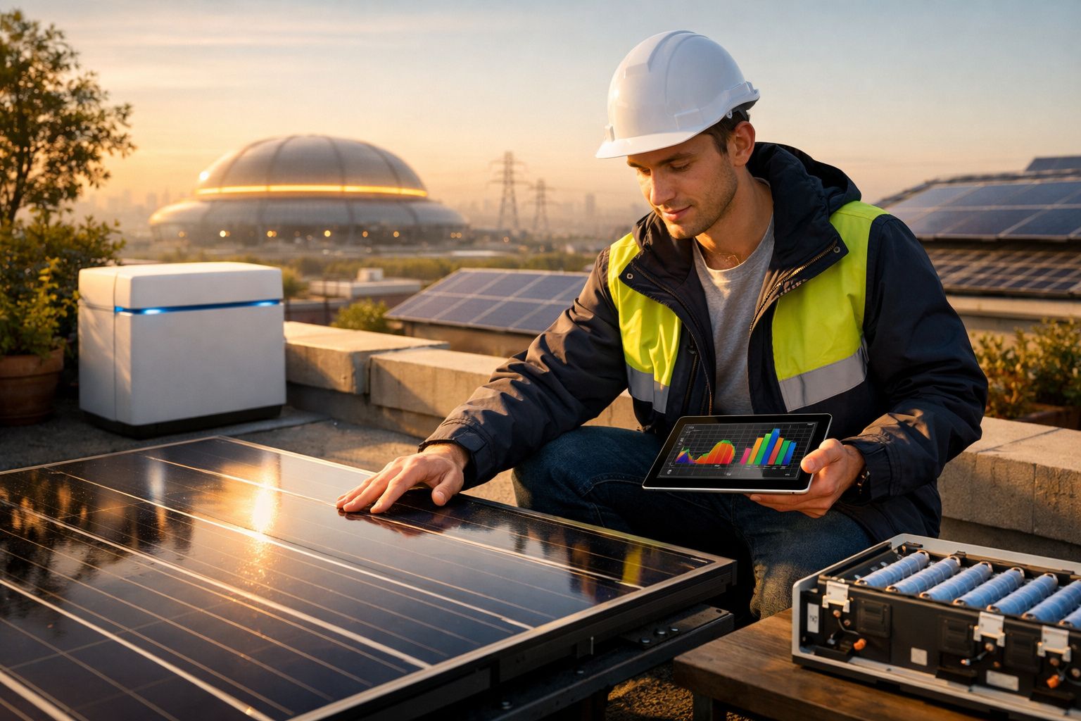 Técnico com capacete analisa painel solar enquanto segura tablet com gráficos num telhado ao pôr do sol.