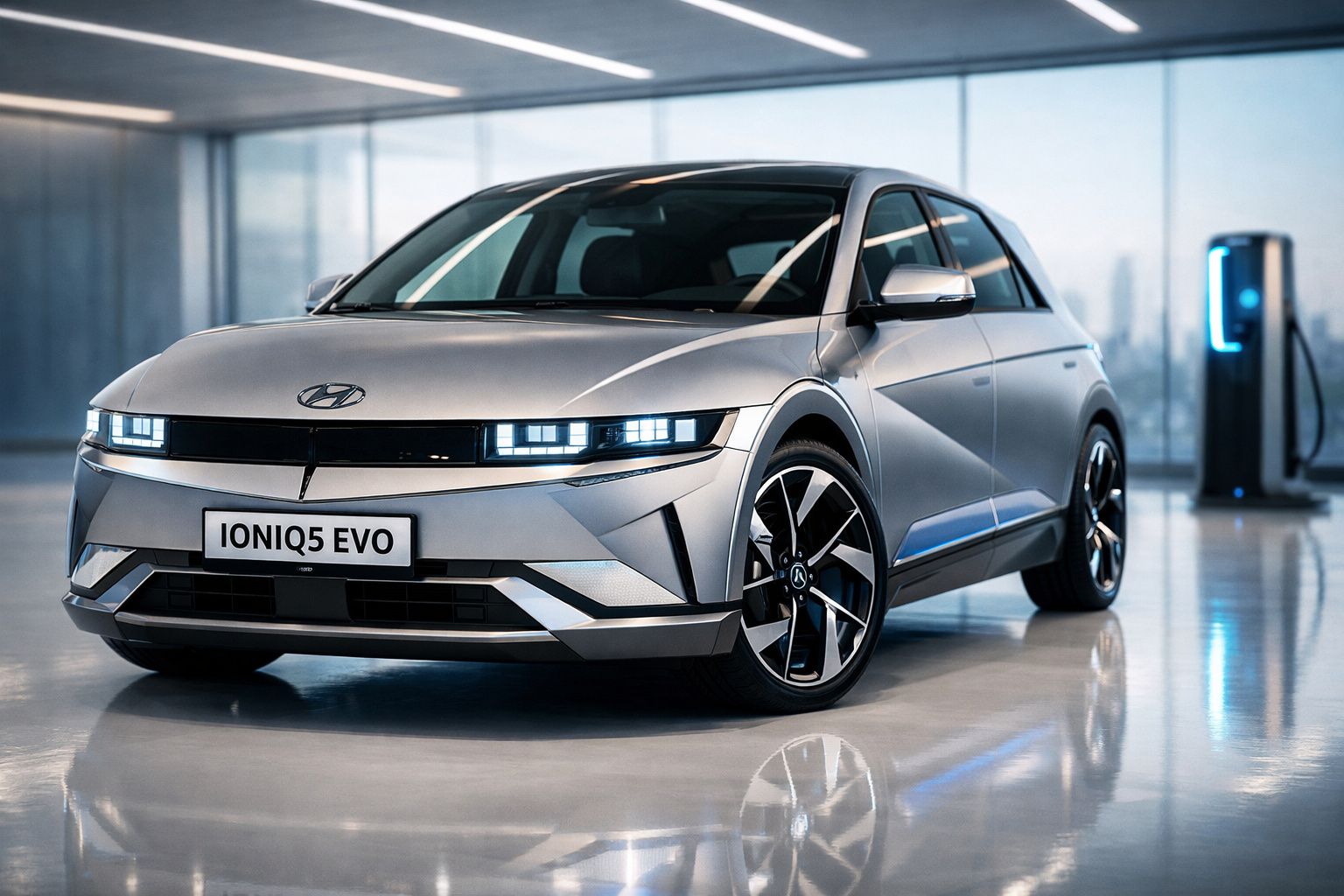 Carro elétrico Hyundai Ioniq 5 EVO cinzento estacionado em interior moderno junto a posto de carregamento.