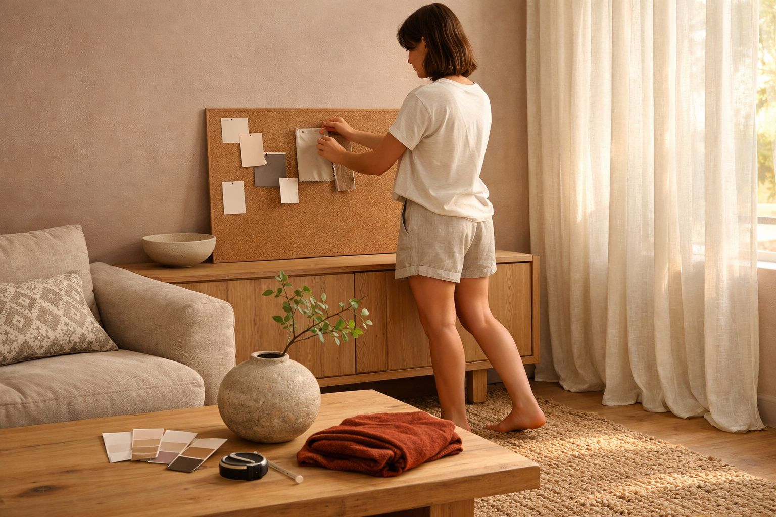 Mulher a pendurar amostras de decoração num painel de cortiça numa sala com sofá e luz natural.