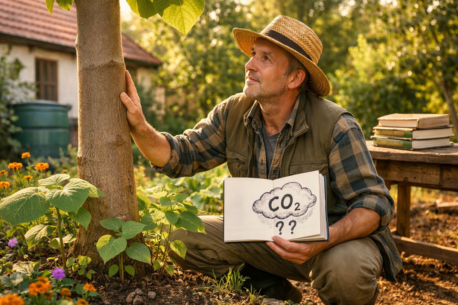 Homem com chapéu de palha sentado no jardim, segurando caderno com desenho de nuvem e fórmula CO2.