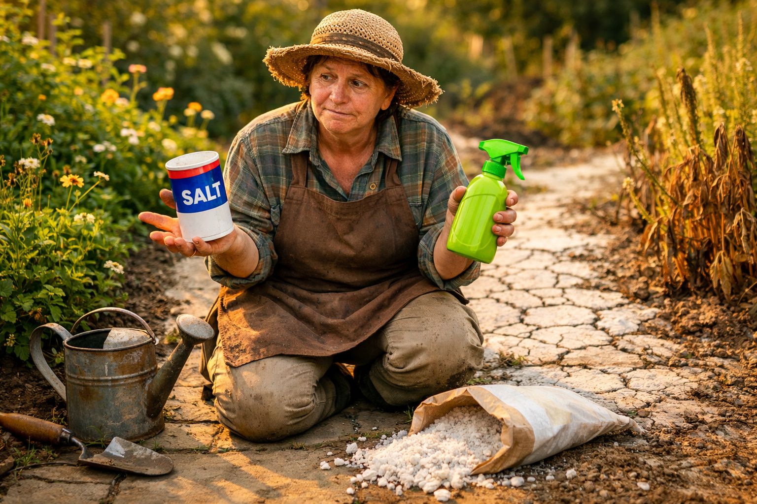 Mulher de chapéu a agachar numa plantação com sal, pulverizador e regador, olhando para os objetos.