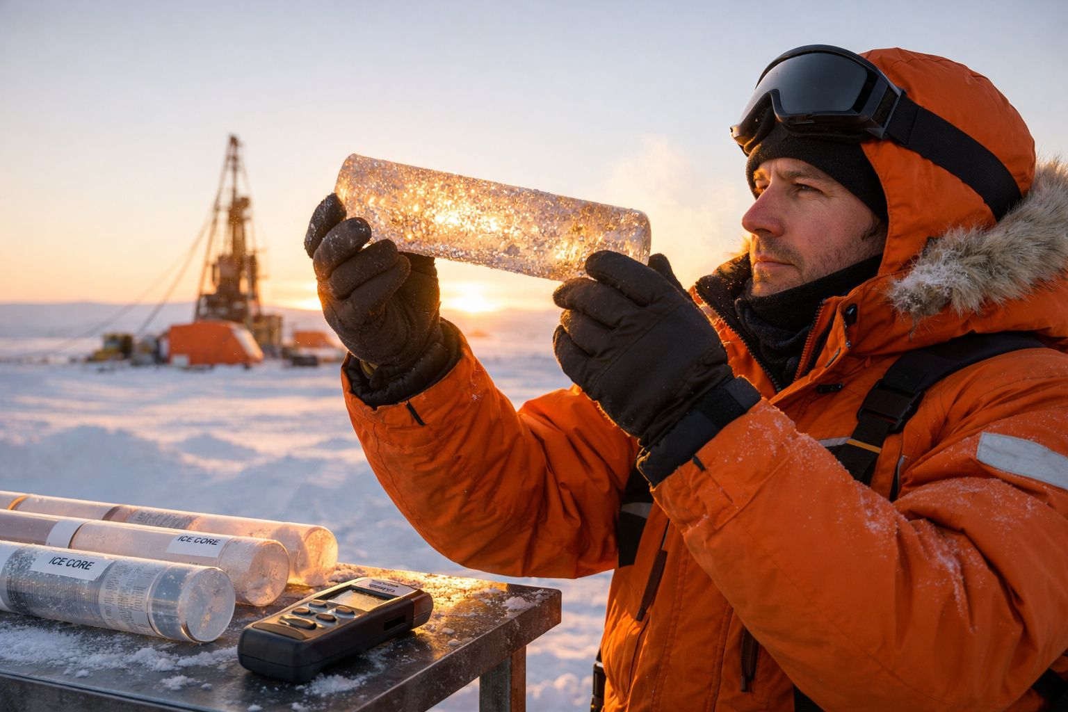 Homem com roupa de inverno examina amostra de gelo transparente ao pôr do sol em paisagem nevada.