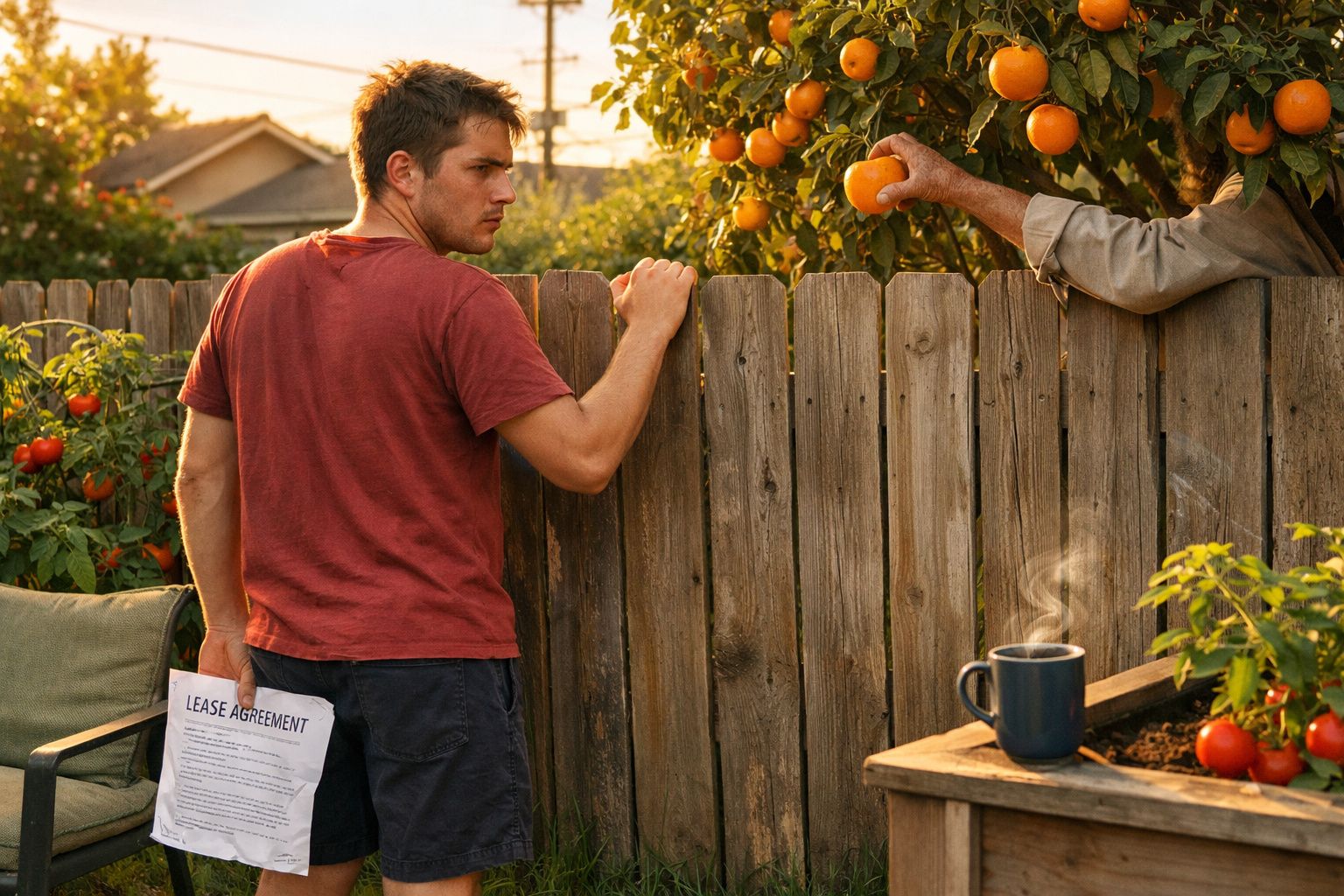 Homem com contrato vigia mão a apanhar frutos de laranjeira para além de vedação de madeira.