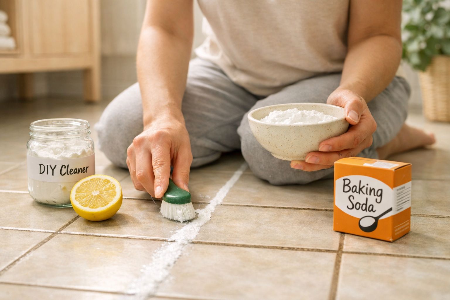 Pessoa a limpar juntas de chão com escova, bicarbonato de sódio, limão e produto de limpeza caseiro.