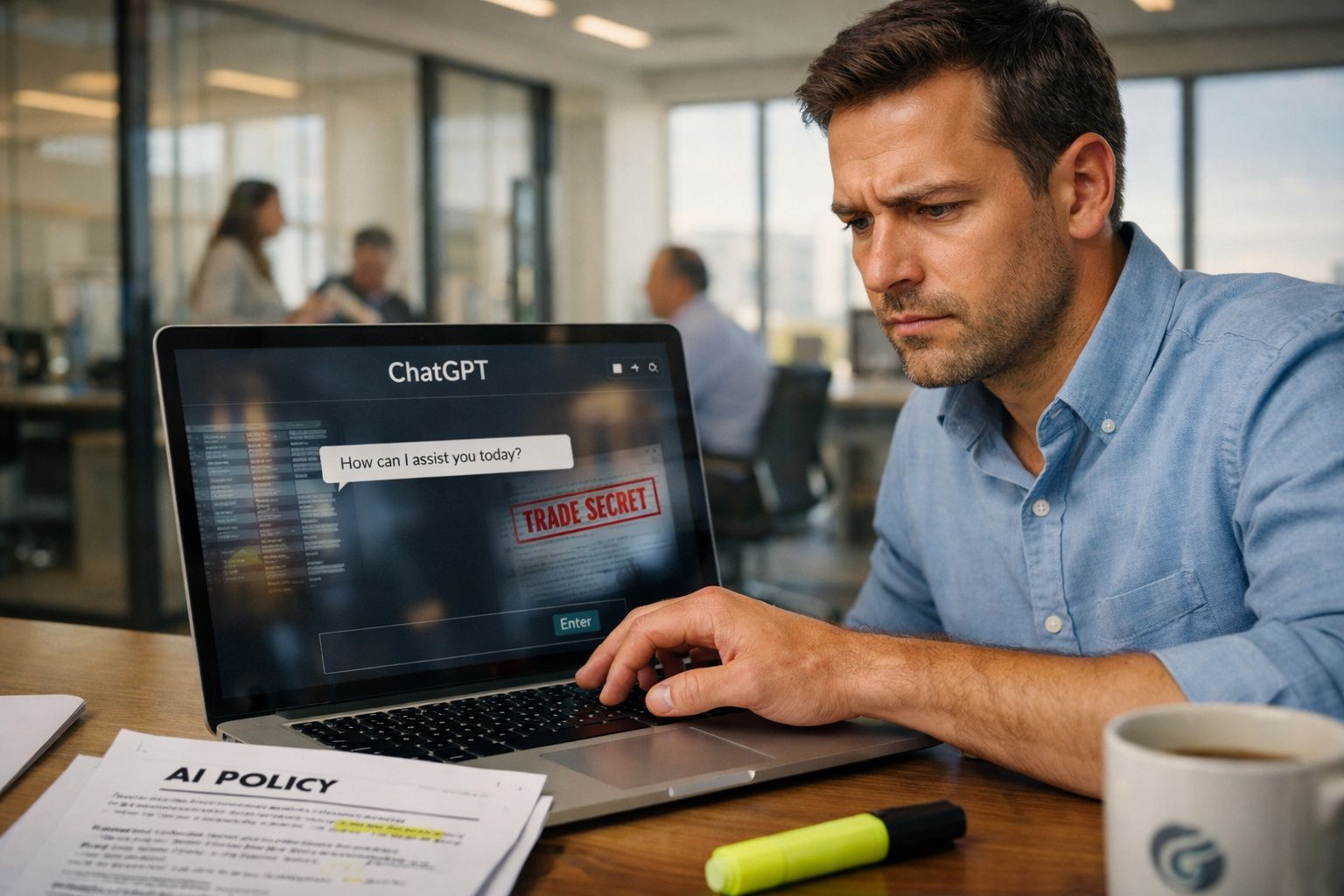 Homem a olhar pensativo para o ecrã do computador com mensagem de segredo comercial em ambiente de escritório.