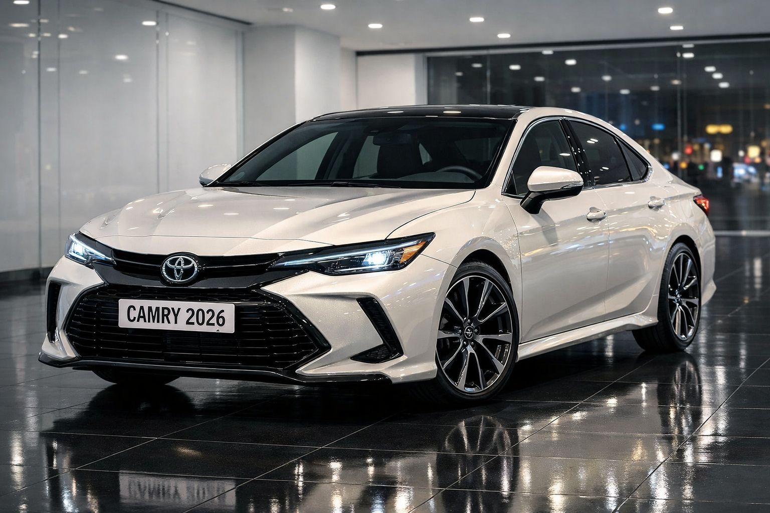 Carro Toyota Camry 2026 branco estacionado em piso refletor dentro de espaço fechado moderno.