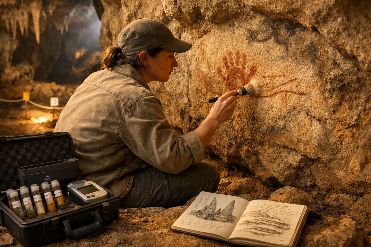 Arqueóloga documenta pinturas rupestres de mãos vermelhas numa caverna, com material de pesquisa ao lado.