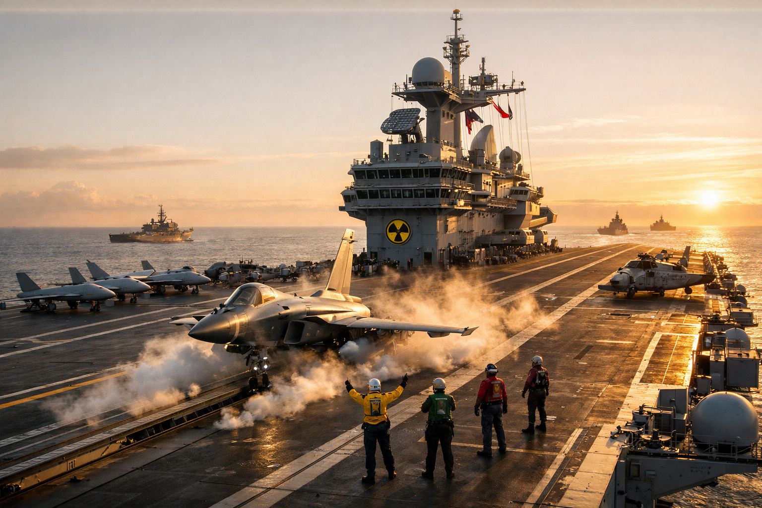 Porta-aviões com vários aviões militares no convés ao pôr do sol e tripulantes a coordenar descolagem.
