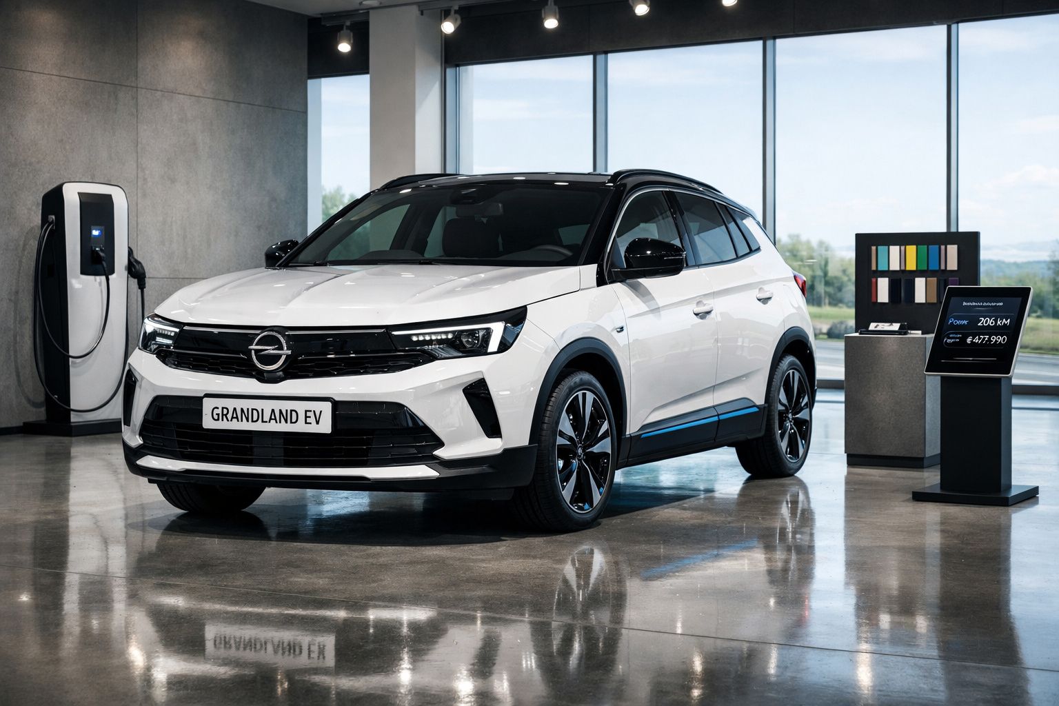 Carro elétrico branco Opel Grandland EV exposto em showroom moderno com estação de carregamento.