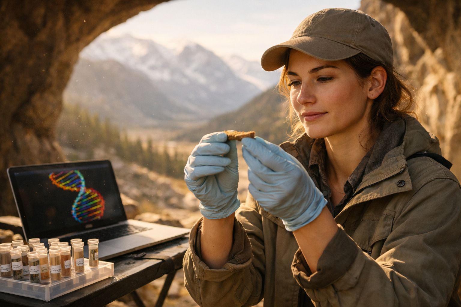 Mulher cientista analisa fóssil com equipamento de laboratório ao ar livre, com montanhas ao fundo.