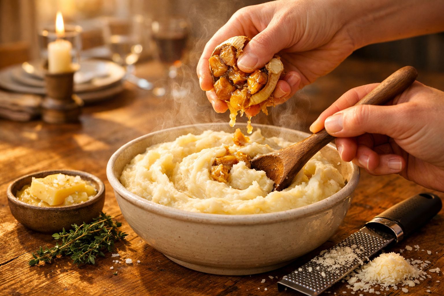 Mãos a adicionar noz caramelizada a um prato fumegante de puré de batata numa mesa de madeira rústica.