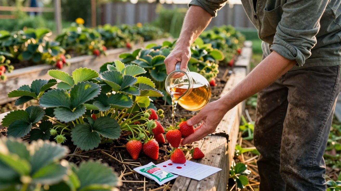 Pessoa a regar morangos maduros numa horta com regador de vidro ao pôr do sol.
