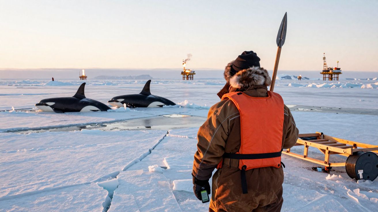 Pessoa vestida com roupa de frio e colete laranja observa duas orcas na água entre gelo ártico.