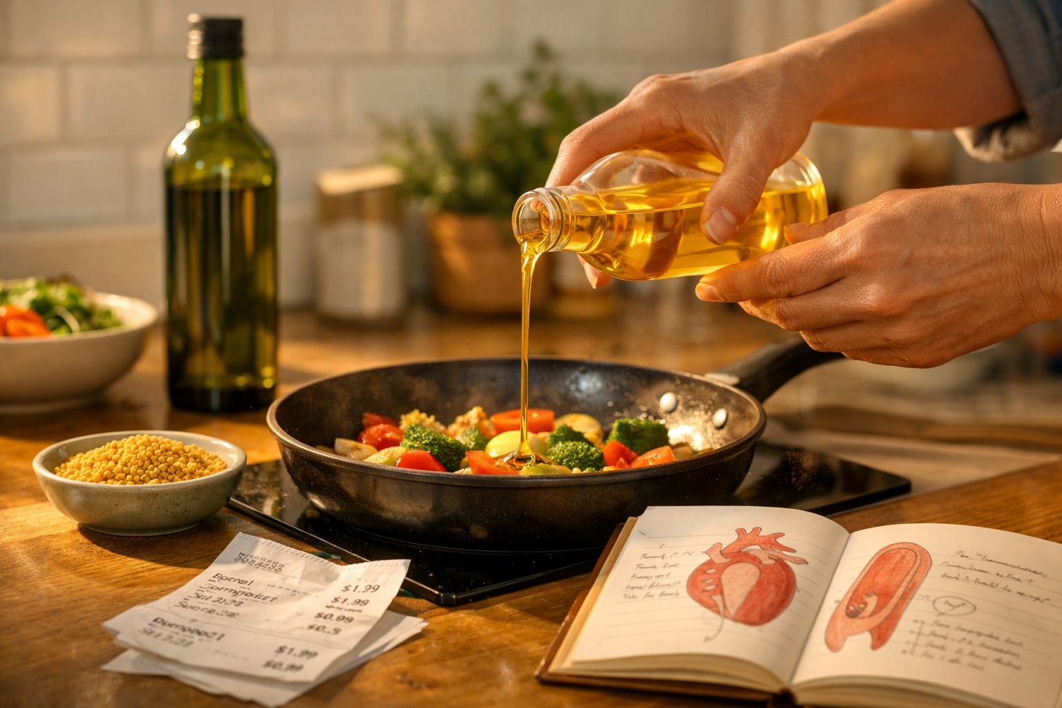 Mãos a verter óleo numa frigideira com legumes coloridos sobre uma bancada de cozinha com livros e talheres.