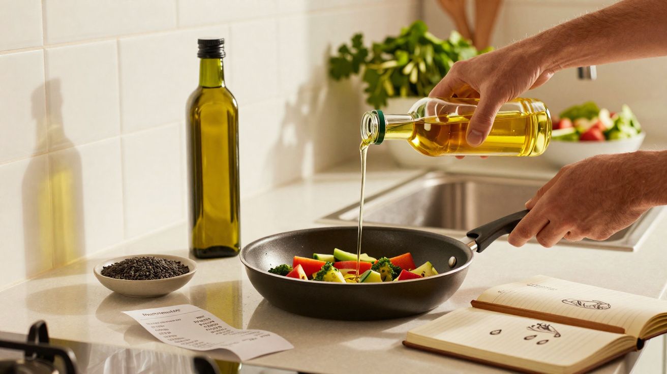 Pessoa a verter azeite numa frigideira com legumes frescos numa cozinha bem iluminada.