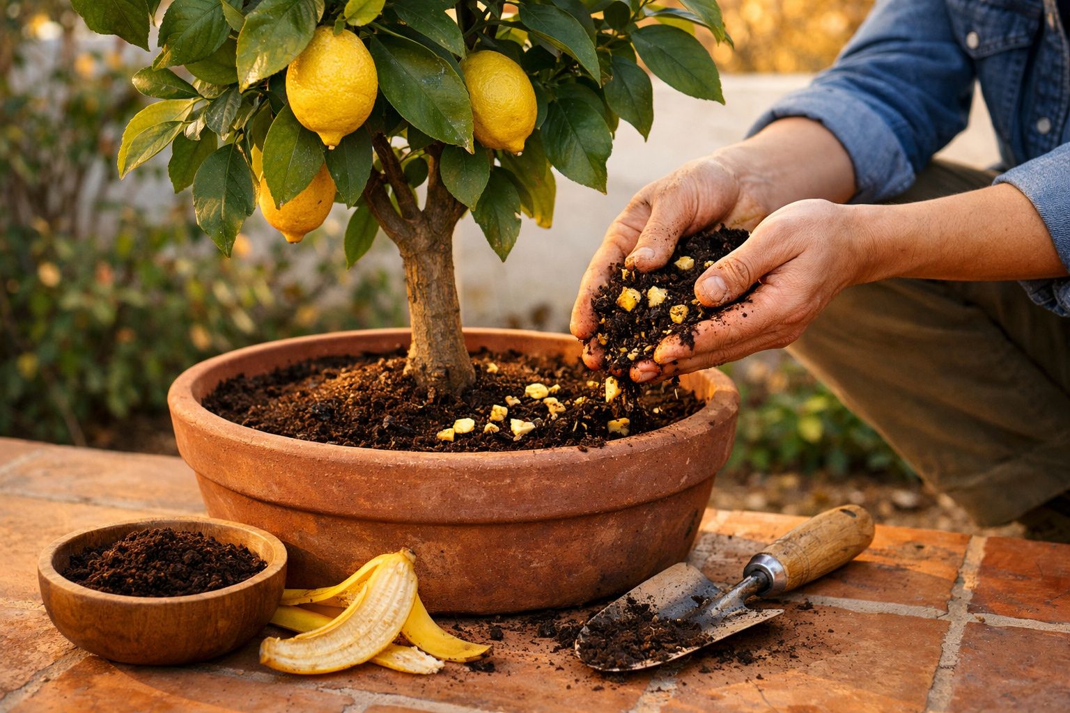 Mãos a plantar fertilizante orgânico junto a limoeiro em vaso de barro num jardim ao ar livre.