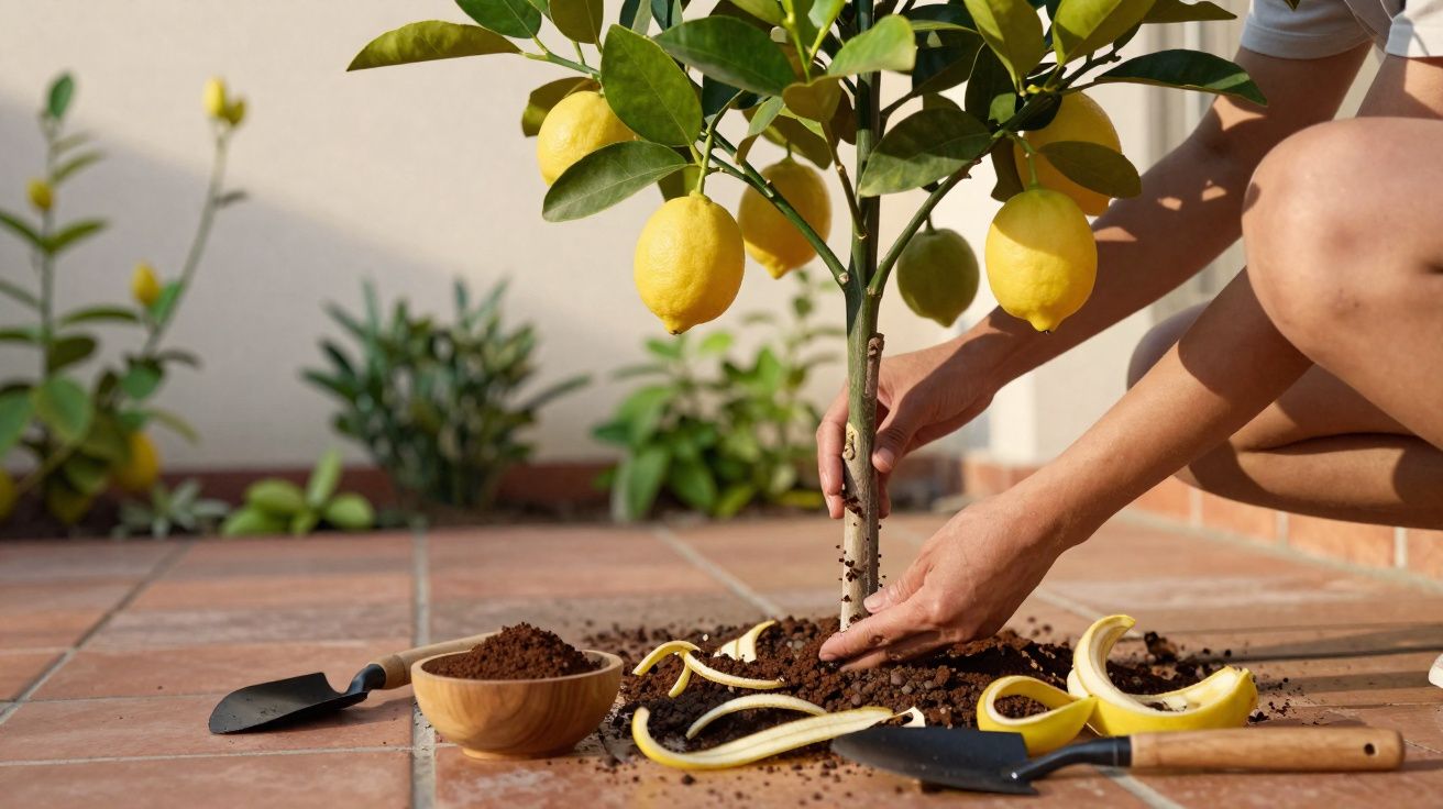 Pessoa a plantar uma árvore de limão num chão de azulejo com terra e cascas de banana espalhadas.