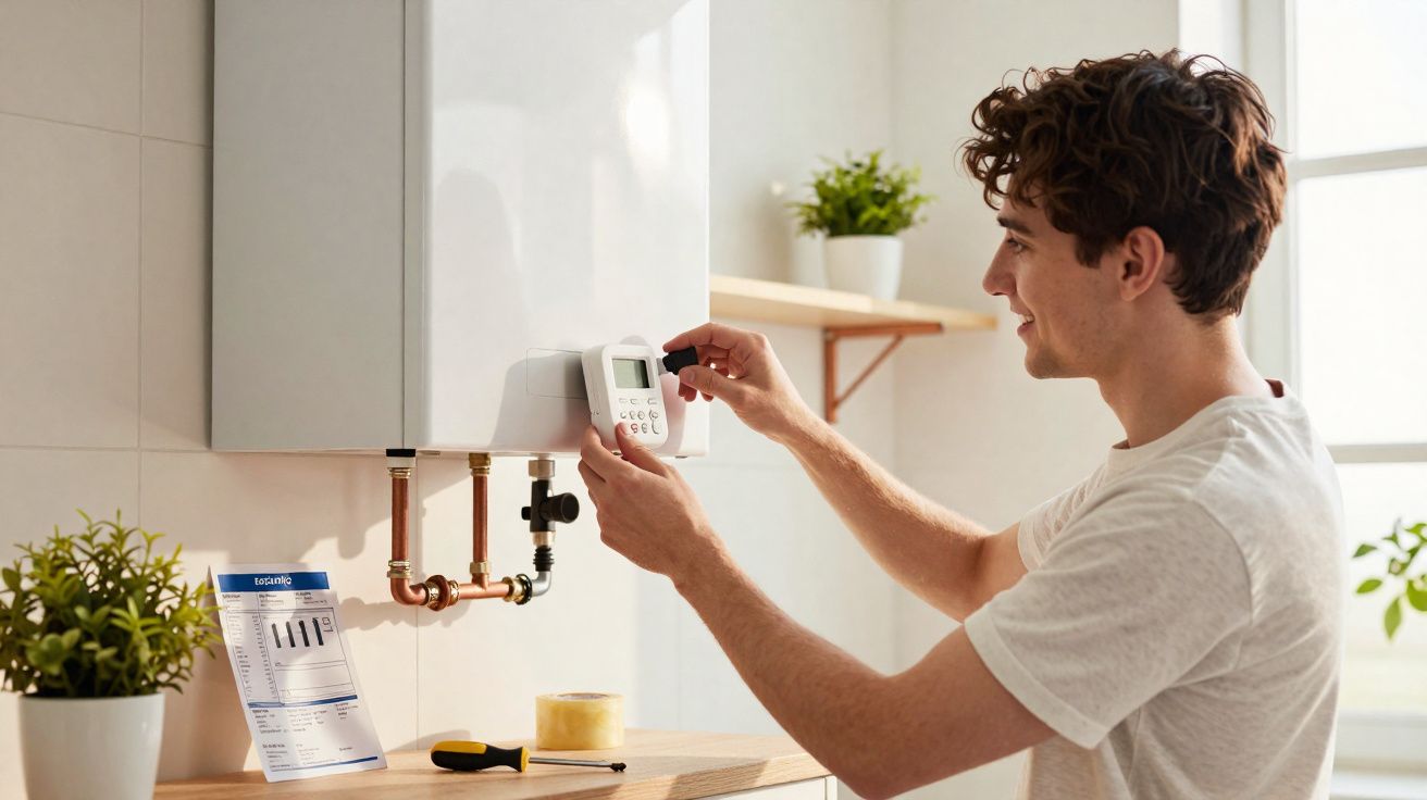 Homem jovem a ajustar termóstato de caldeira numa cozinha luminosa, ao lado de plantas e ferramentas.