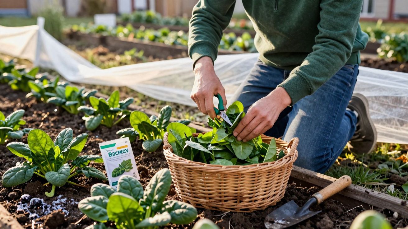 Pessoa a colher espinafres num jardim, colocando as folhas numa cesta de vime.