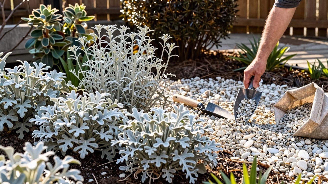 Pessoa a espalhar pedras decorativas num jardim com plantas e terra, sob luz solar.