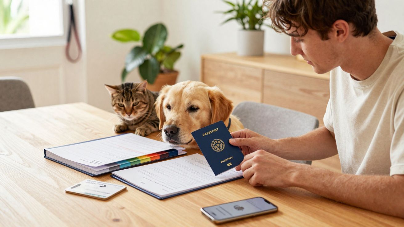 Homem prepara documentos com passaporte enquanto cão e gato observam numa mesa de madeira.