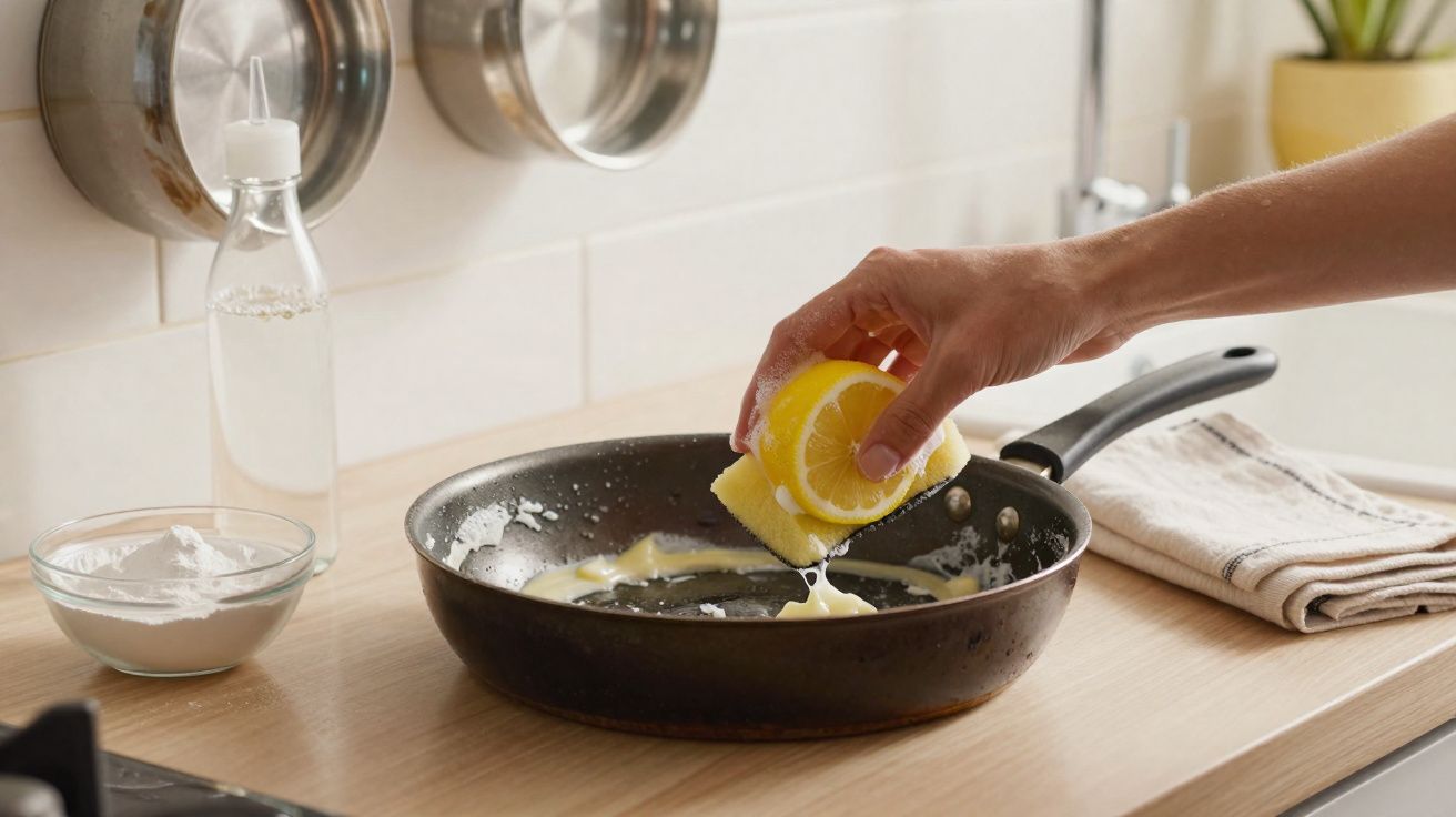 Pessoa a limpar uma frigideira com uma esponja e meio limão numa cozinha moderna.