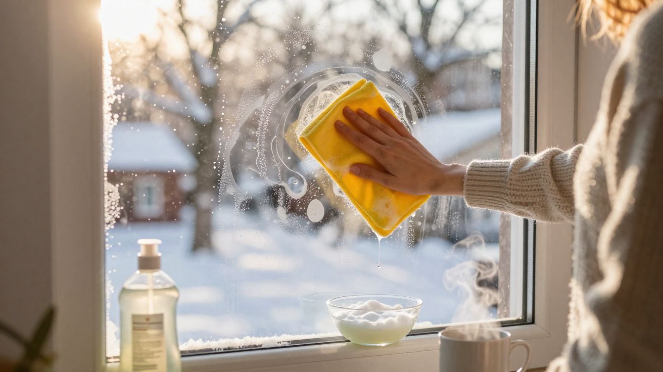 Pessoa a limpar uma janela com pano amarelo enquanto o sol ilumina paisagem de inverno nevada.