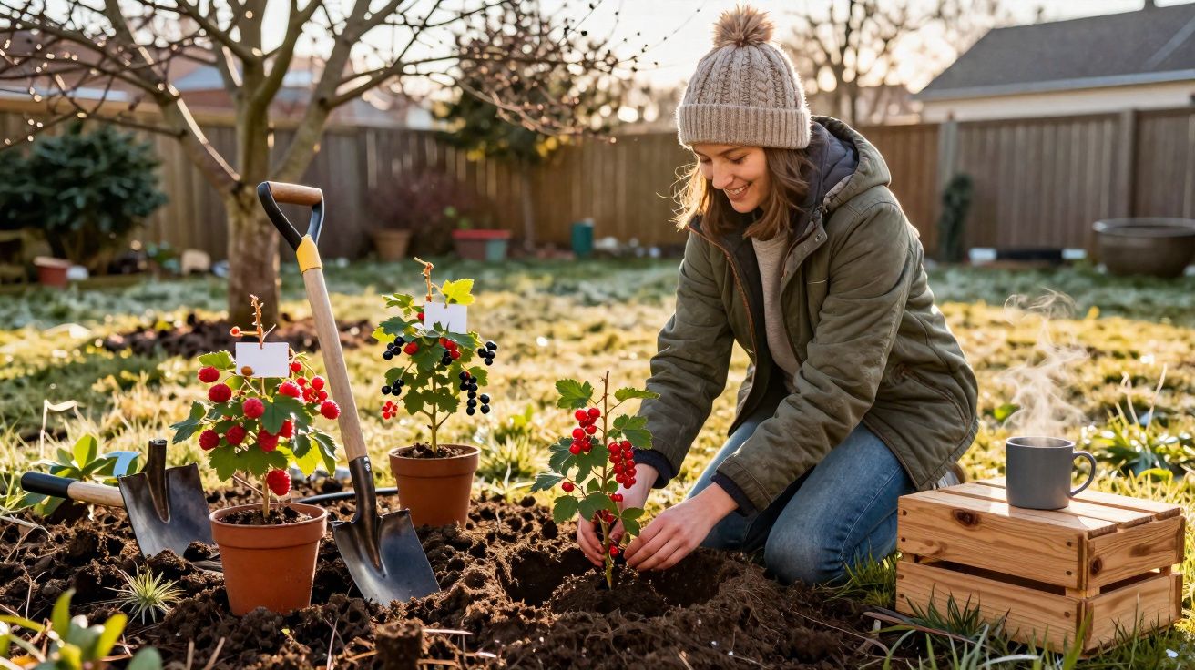 Mulher a plantar plantas de frutos vermelhos num jardim ao ar livre durante o dia frio de inverno.