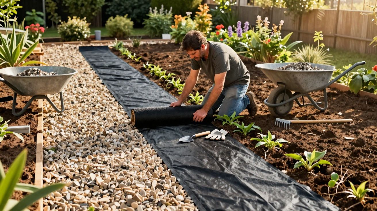 Homem a colocar manta anti-matos num jardim com plantas jovens e carrinhos de mão cheios de pedras.