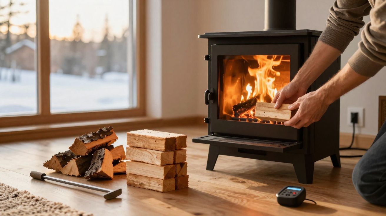 Pessoa a colocar lenha numa salamandra a arder numa sala com chão de madeira e janela grande.