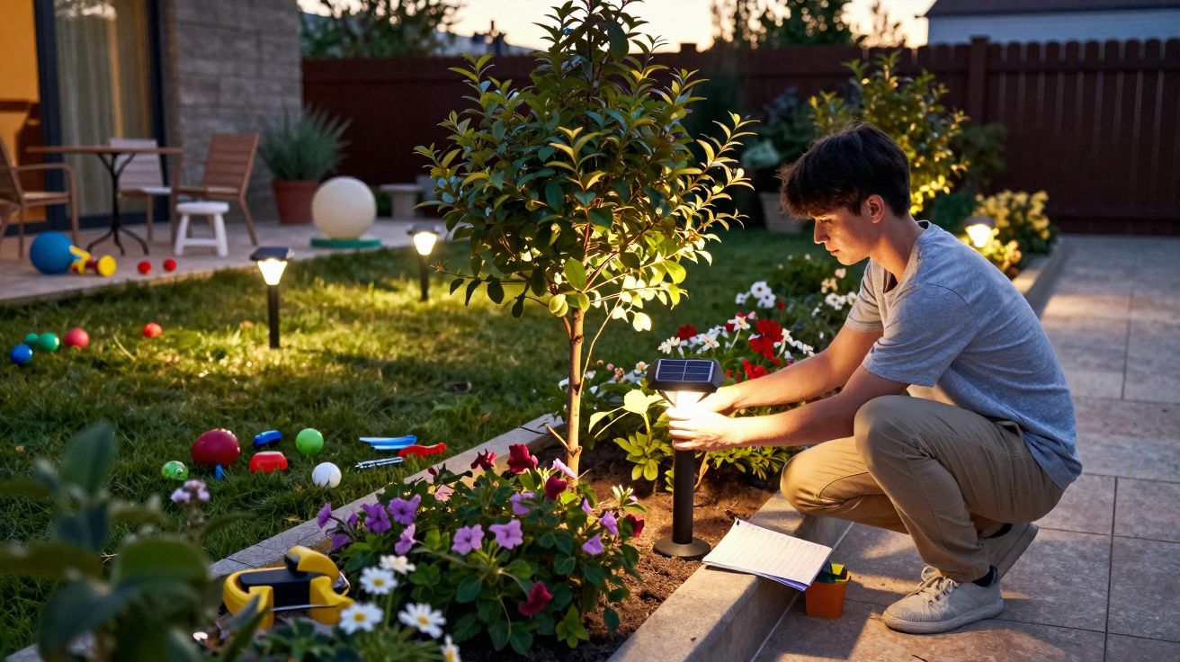 Jovem ajeita luz solar numa horta flores ao entardecer num jardim residencial bem cuidado.